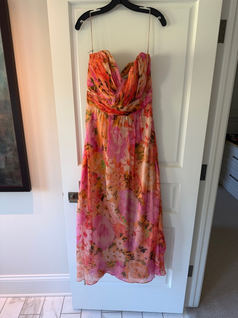 Badgley Mischka Pink and Orange Floral Strapless Gown